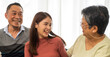 © Art_Photo - Portrait enjoy happy smiling love asian family.Senior mature father hug with elderly mother and young adult woman play laughing and having fun together at home.insurance concept
