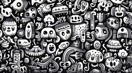 Hand drawn cartoon abstract artistic black and white graffiti pattern
