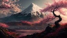 Beautiful Pink Sakura Cherry Blossom With Mountain, Spring Landscape, AI Generated