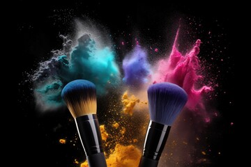 Wall Mural - Makeup brush with explosion of colorful powder dust, commercial, AI generated