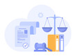 © yelosmiley - Law and justice scenes. lawyer consulting client, judge knocking with wooden hammer. Legal advice concept and consultation. Judgment. Flat vector illustration for banner and website
