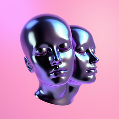 Sticker - Surreal 3d illustration of two сonjoined faces on a pink background. Concept of psychological codependency and mental health issues.