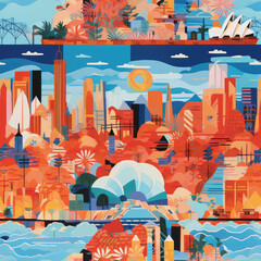 Wall Mural - Australia Sydney skyline cartoon collage repeat pattern 