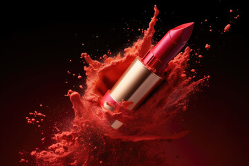 Wall Mural - Red lipstick with explosion of red powder, commercial, AI generated