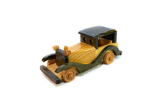 Wooden Toy Car Close Up Shot, Isolated On White Background.
