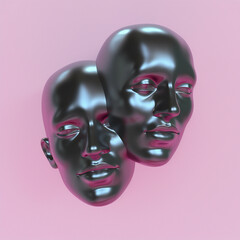 Sticker - Surreal 3d illustration of two сonjoined faces on a pink background. Concept of psychological codependency and mental health issues.