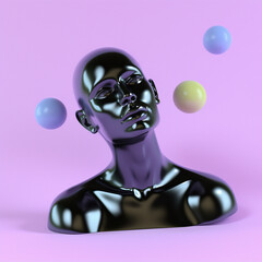 Wall Mural - Abstract surrealistic 3D illustration of a glossy female head with colorful floating spheres around it on a pink pastel background.