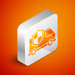 Sticker - Isometric Car with shield icon isolated on orange background. Insurance concept. Security, safety, protection, protect concept. Silver square button. Vector.