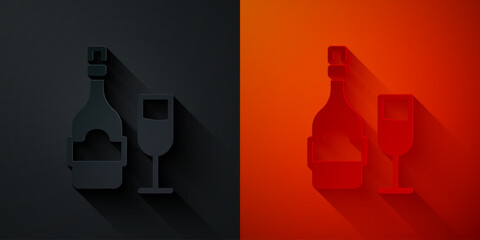 Poster - Paper cut Champagne bottle with glass icon isolated on black and red background. Paper art style. Vector