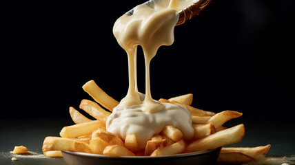 Wall Mural - A close-up of a single French fry being dipped into a dollop of mayonnaise.