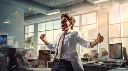 Wall Mural - A successful businessman cheers in his modern office, photo realistic.