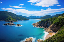 A Beautiful Coastline With Deep Blue Water And Lush Green Mountains, Taken From A High Vantage Point, Looking Down On The Coastline, Small Sandy Beach And Rocky Cliffs, Summer