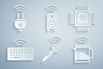 Poster - Set Wireless microphone, Processor with microcircuits CPU, keyboard, Smart electric kettle, stereo speaker and plug icon. Vector