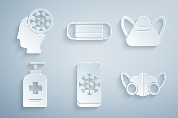 Sticker - Set Virus statistics on mobile, Medical protective mask, Liquid antibacterial soap, and Human and virus icon. Vector