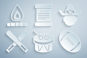 Sticker - Set Drum and drum sticks, Sheriff cowboy, Crossed baseball bat, American Football, Declaration of independence and Campfire icon. Vector