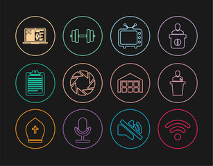 Sticker - Set line Wi-Fi wireless network, Speaker, Television tv, Camera shutter, Clipboard with document, Medical clinical record, Warehouse and Dumbbell icon. Vector