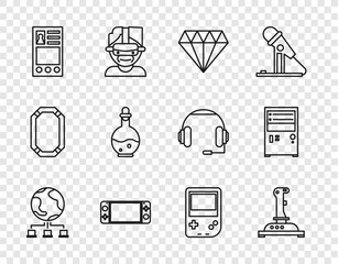 Sticker - Set line Computer network, Joystick for arcade machine, Diamond, Portable video game console, Create account screen, Bottle with magic elixir, and icon. Vector