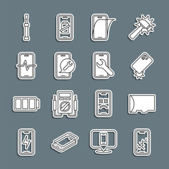 Sticker - Set line Mobile with broken screen, Micro SD memory card, Shockproof phone, Glass protector, service, Phone repair, Screwdriver and icon. Vector