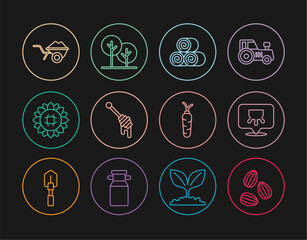 Sticker - Set line Seeds, Udder, Roll of hay, Honey dipper stick, Sunflower, Wheelbarrow with dirt, Carrot and Tree icon. Vector