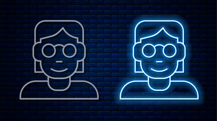 Sticker - Glowing neon line Hacker or coder icon isolated on brick wall background. Programmer developer working on code, coding, testing, debugging, analysing. Vector