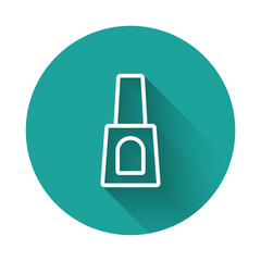 Sticker - White line Bottle of nail polish icon isolated with long shadow background. Green circle button. Vector