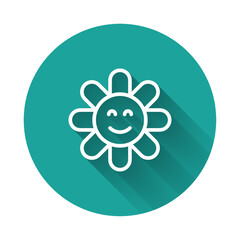 Sticker - White line Flower icon isolated with long shadow background. Green circle button. Vector