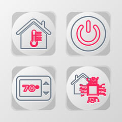 Poster - Set line Smart home, Thermostat, Power button and House temperature icon. Vector