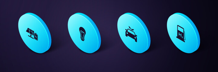 Sticker - Set Isometric Hydrogen filling station, Eco car concept drive, Light bulb and Solar energy panel and battery icon. Vector