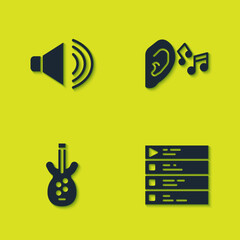 Poster - Set Speaker volume, Music playlist, Electric bass guitar and Ear listen sound signal icon. Vector