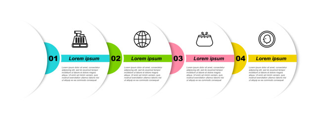Wall Mural - Set line Cash register machine, Worldwide, Wallet and Coin money. Business infographic template. Vector