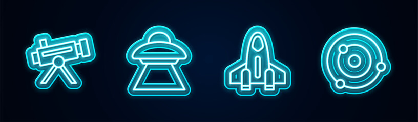 Wall Mural - Set line Telescope, UFO flying spaceship, Rocket and Solar system. Glowing neon icon. Vector