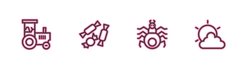 Sticker - Set line Tractor, Spider, Candy and Sun cloud weather icon. Vector