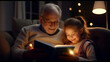 © LomaPari2021 - Cute little girl granddaughter reading book with positive senior grandfather Generative AI.