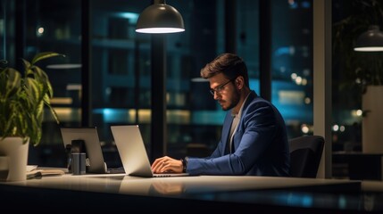 Close-up of an intense and determined entrepreneur's working on his laptop late at night in the office. Showcasing ambition, leadership, and success in the world of business.