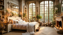 Capturing The Essence Of French Countryside Living: A Bedroom Adorned With Shabby Chic Charm And Subtle Rustic Touches. Ai Generated