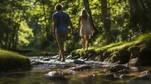 Moo Area Shot Of Man And Lady Crossing The Stream Barefooted Couple Strolling By The River In Woodland With Their Shoes In Hand Explorers Climbing In Woodland