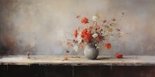 AI Generated. AI Generative. Nature Blossom Flora Flowers On Wooden Table In Vintage Oil Drawing Painting Style. Can Be Used For Decoration Or Famine Inspiration Template
