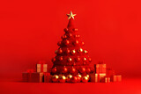 Fototapeta Panele - Christmas tree and gift boxes. Red Christmas background with Christmas decorations with copy space. Front view.  Merry Christmas and Happy New Year greeting card.