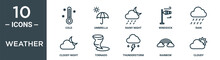 Weather Outline Icon Set Includes Thin Line Cold, Umbrella, Rainy Night, Windsock, Rain, Cloudy Night, Tornado Icons For Report, Presentation, Diagram, Web Design
