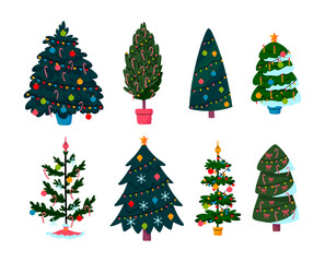 Canvas Print - Cartoon Color Different Christmas Trees Icon Set Winter Holidays Concept Flat Design Style. Vector illustration of Decorated Xmas Pines