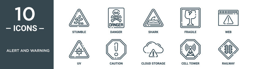 alert and warning outline icon set includes thin line stumble, danger, shark, fragile, web, uv, caution icons for report, presentation, diagram, web design