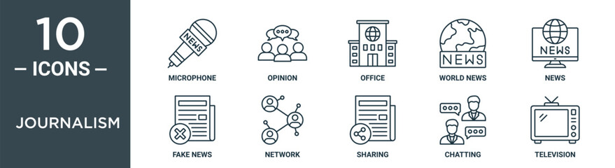 journalism outline icon set includes thin line microphone, opinion, office, world news, news, fake news, network icons for report, presentation, diagram, web design