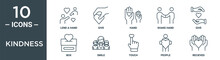 Kindness Outline Icon Set Includes Thin Line Lend A Hand, Give, Hand, Shake Hand, Give, Box, Smile Icons For Report, Presentation, Diagram, Web Design