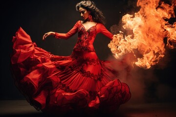 Wall Mural - A woman in a red dress gracefully dances with fire. This captivating image can be used to depict passion, strength, and a mesmerizing performance. It is perfect for artistic projects, dance promotions