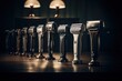 A row of shavers neatly arranged on top of a wooden table. Perfect for grooming and personal care product concepts.