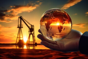 Wall Mural - A person holds a crystal ball with a stunning sunset in the background. This image can be used to depict fortune-telling, spirituality, or the concept of looking into the future.