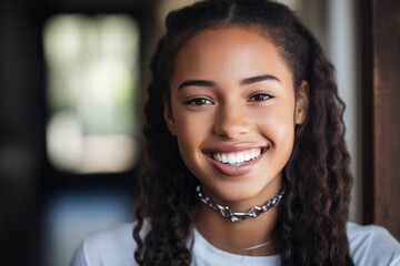 Poster - A young woman with beautiful long curly hair smiling at the camera. Perfect for lifestyle and beauty-related projects.