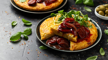 Spanish tortilla with spicy chorizo sausages in sauce