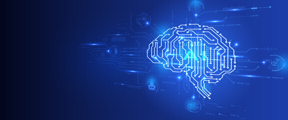Poster - Circuit board CPU chip with AI smart brain big data processing futuristic technology. Artificial intelligence micro processor unit storage database vector concept background.	