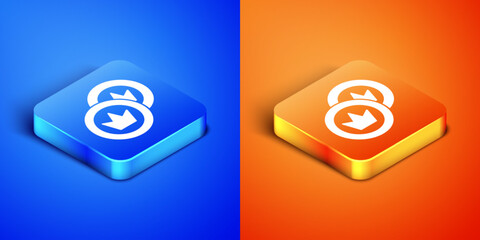 Canvas Print - Isometric Pirate coin icon isolated on blue and orange background. Square button. Vector